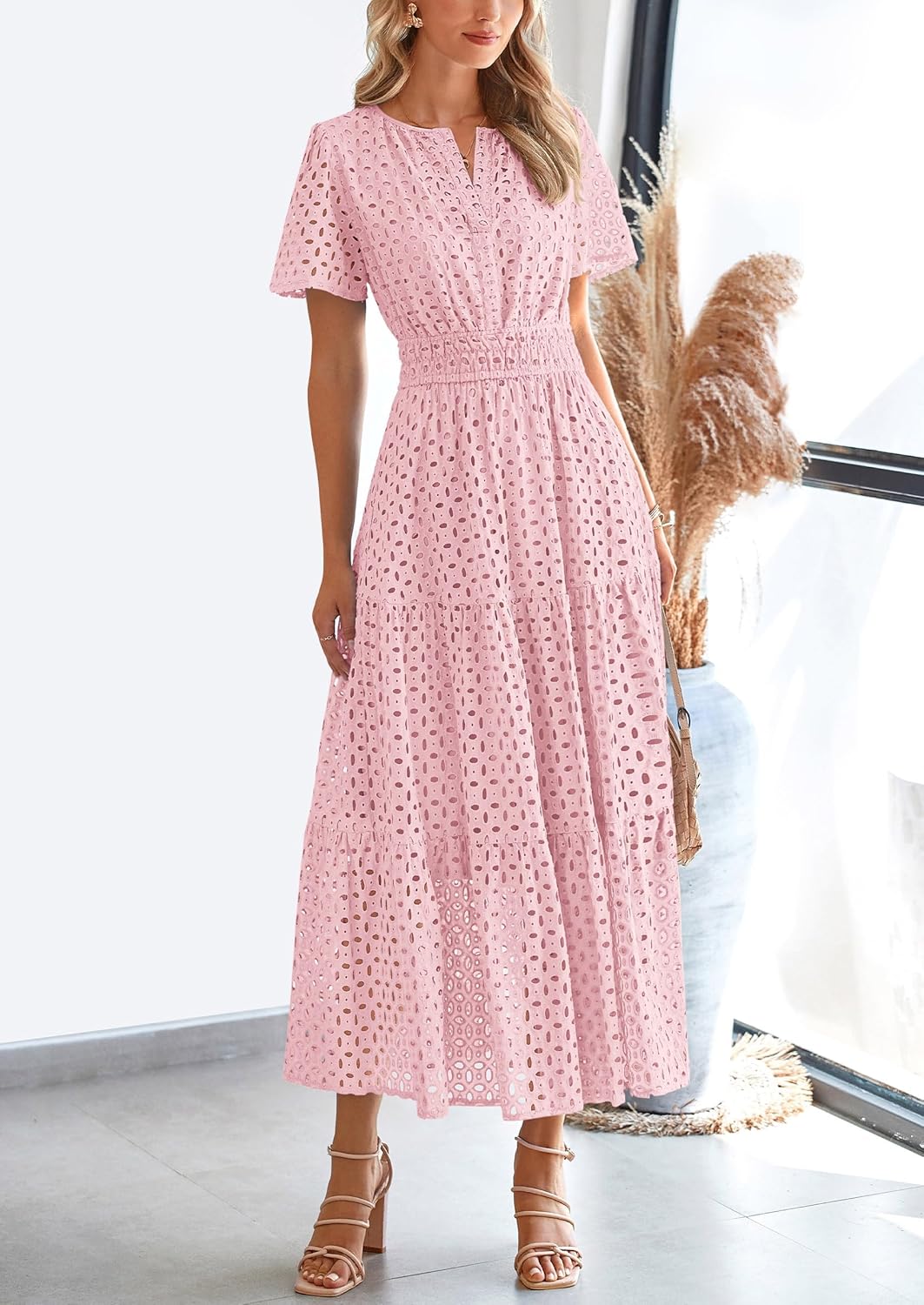 PRETTYGARDEN Womens 2026 Summer Maxi Dress Short Sleeve V Neck Hollow Out Eyelet A Line Long Flowy Beach Vacation Dresses - Image 4