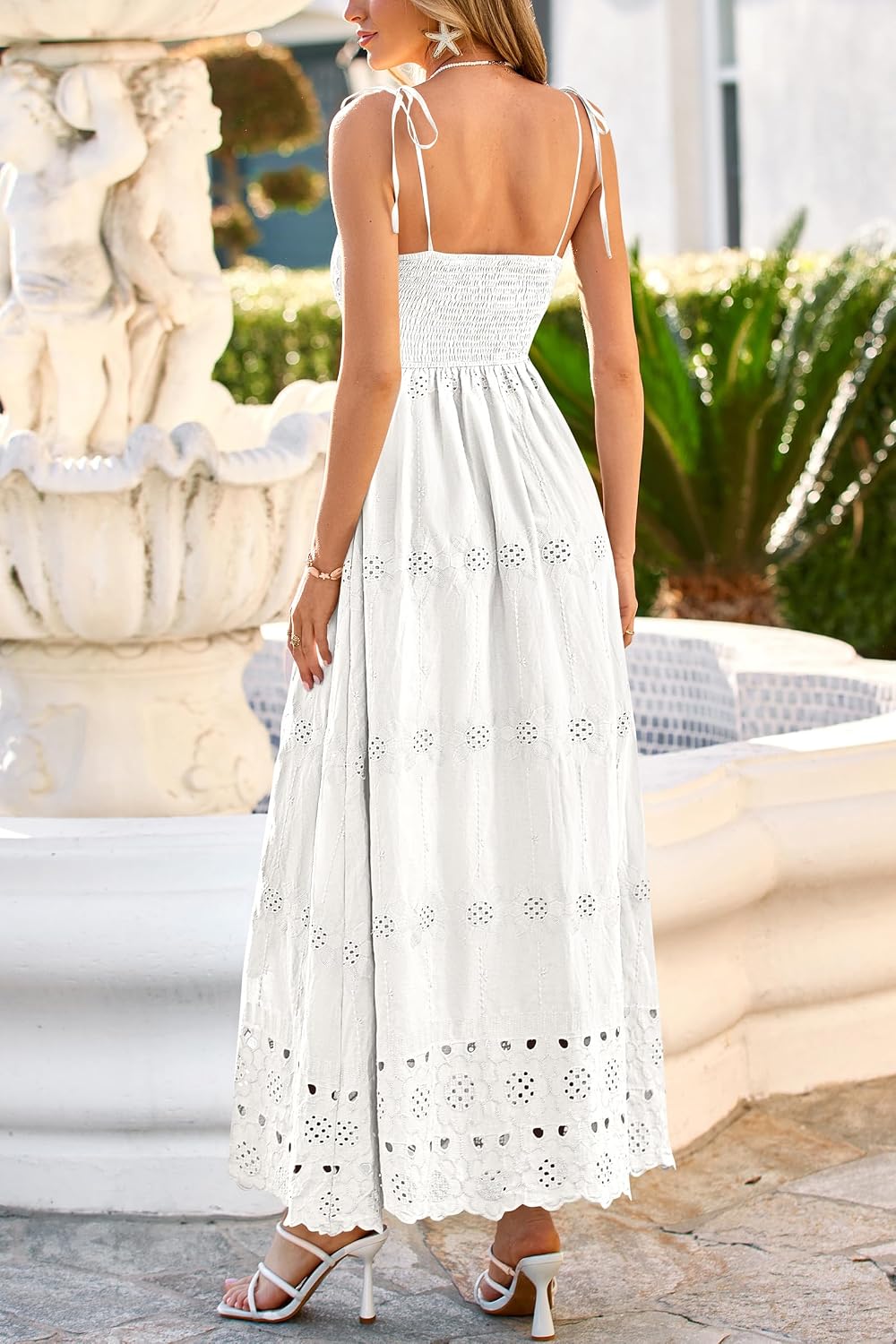 dowerme Womens Summer Maxi Dresses 2026 Casual Spaghetti Strap Smocked Eyelet Cotton Dress Long Beach Vacation Sundress - Image 5