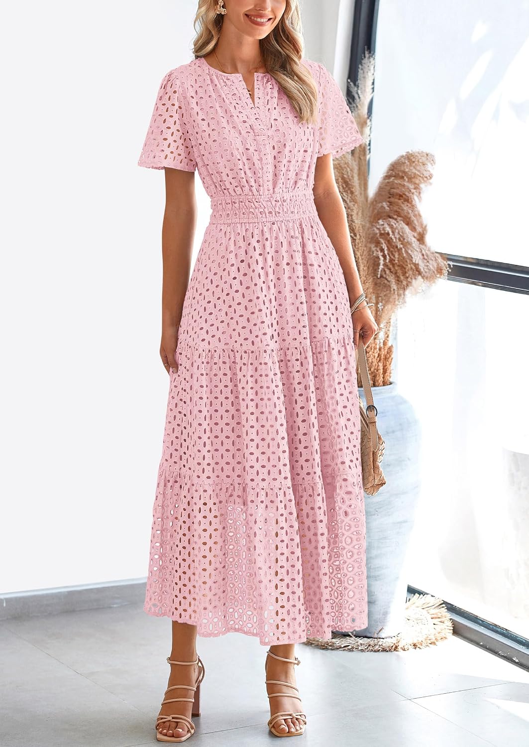 PRETTYGARDEN Womens 2026 Summer Maxi Dress Short Sleeve V Neck Hollow Out Eyelet A Line Long Flowy Beach Vacation Dresses - Image 6