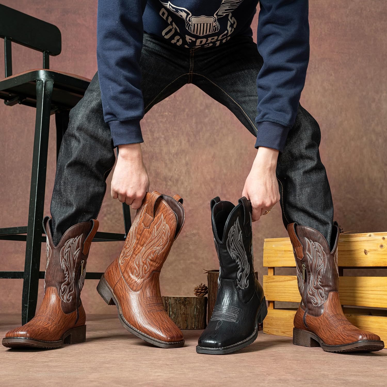 Jousen Cowboy Boots for Men Embroidery Men's Western Boots Retro Square Toe Mens Boot Botas Vaqueras Para Hombre - Image 8