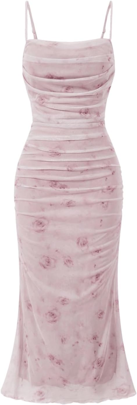 GORGLITTER Women's Floral Wedding Guest Bridal Shower Summer Midi Dresses | Tea Party, Baby Shower, Cocktail Dress, Ruched, Dresses for Women, Sundresses