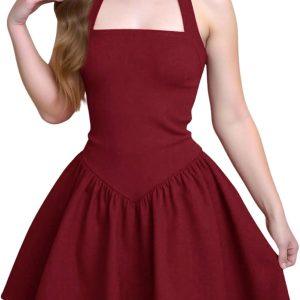 OYOANGLE Girl's Summer Halter Ruffle Mini Dress Holiday Party Sundress | Girl's A Line Graduation Prom Dress 8-16 Years,Kawaii Short Summer Dress,Casual Teen Girl Sundress
