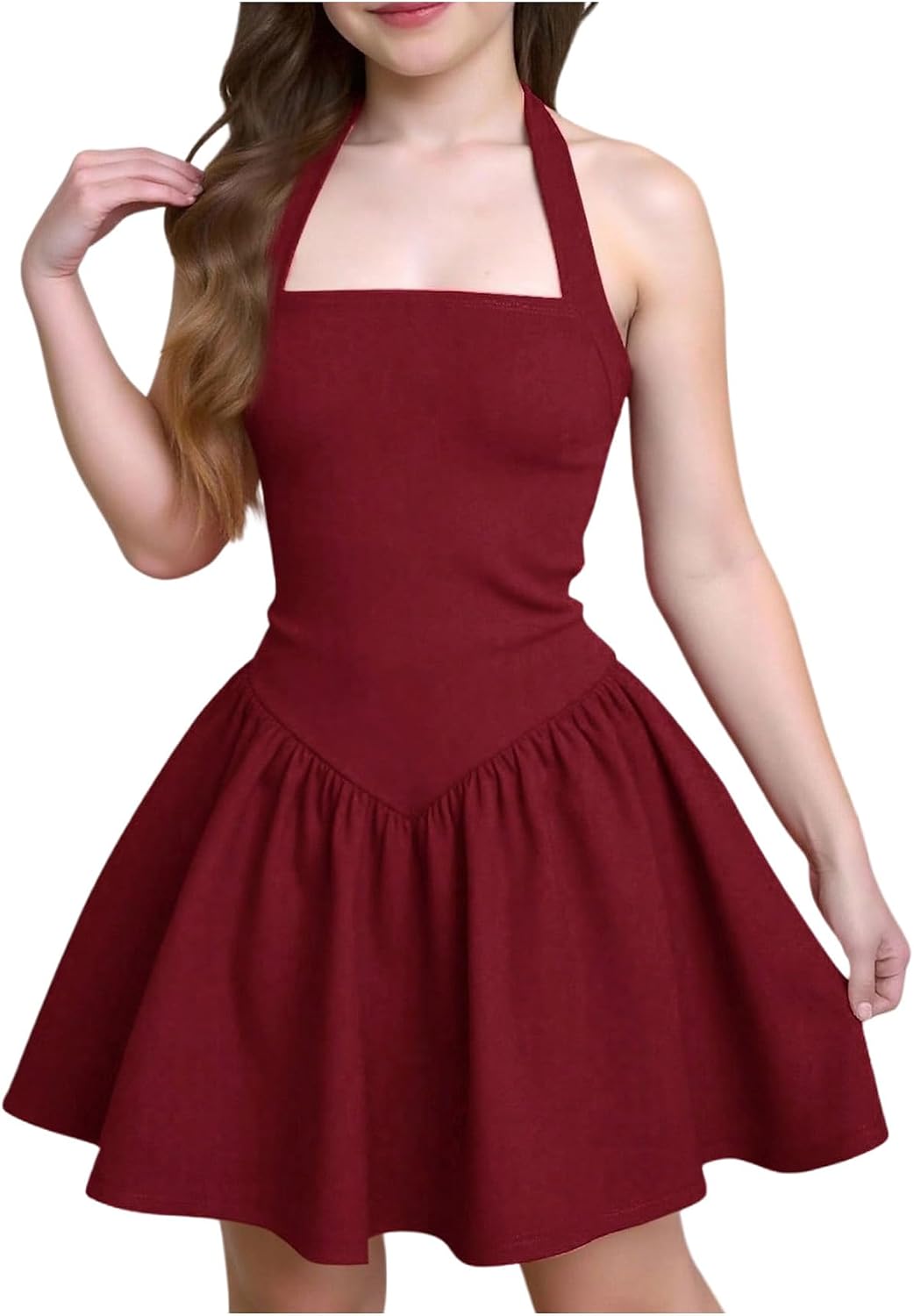 OYOANGLE Girl's Summer Halter Ruffle Mini Dress Holiday Party Sundress | Girl's A Line Graduation Prom Dress 8-16 Years,Kawaii Short Summer Dress,Casual Teen Girl Sundress