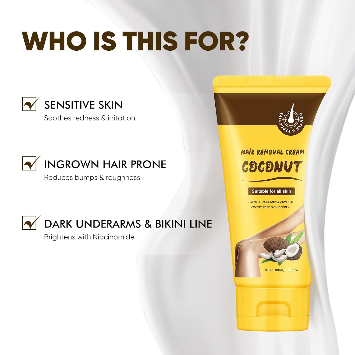 Hair Removal Cream for Sensitive Skin – Gentle Formula with Urea, Centella Asiatica, and Niacinamide; Reduces Ingrown Hairs and Irritation; Brightens Dark Underarms and Bikini Line 4 oz - Image 2
