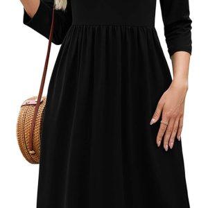 Heymoments Women's Casual 3/4 Sleeve Midi Dress Crewneck A Line Tiered Flowy Loose Travel Long Dresses with Pockets
