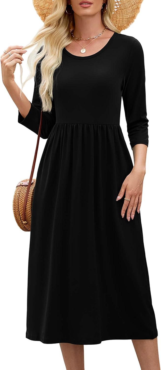 Heymoments Women's Casual 3/4 Sleeve Midi Dress Crewneck A Line Tiered Flowy Loose Travel Long Dresses with Pockets