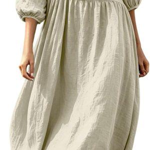Women Crinkled Crewneck Midi Dress Empire Waist Vacation Dresses | Loose Flowy,Elastic Cuff Puff Sleeves,Breathable Textured Material,For Coastal Travel,Weekend Errands and Boho Daily Look