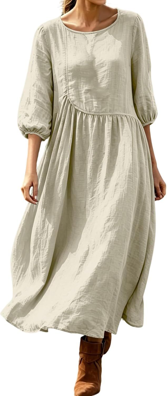 Women Crinkled Crewneck Midi Dress Empire Waist Vacation Dresses | Loose Flowy,Elastic Cuff Puff Sleeves,Breathable Textured Material,For Coastal Travel,Weekend Errands and Boho Daily Look