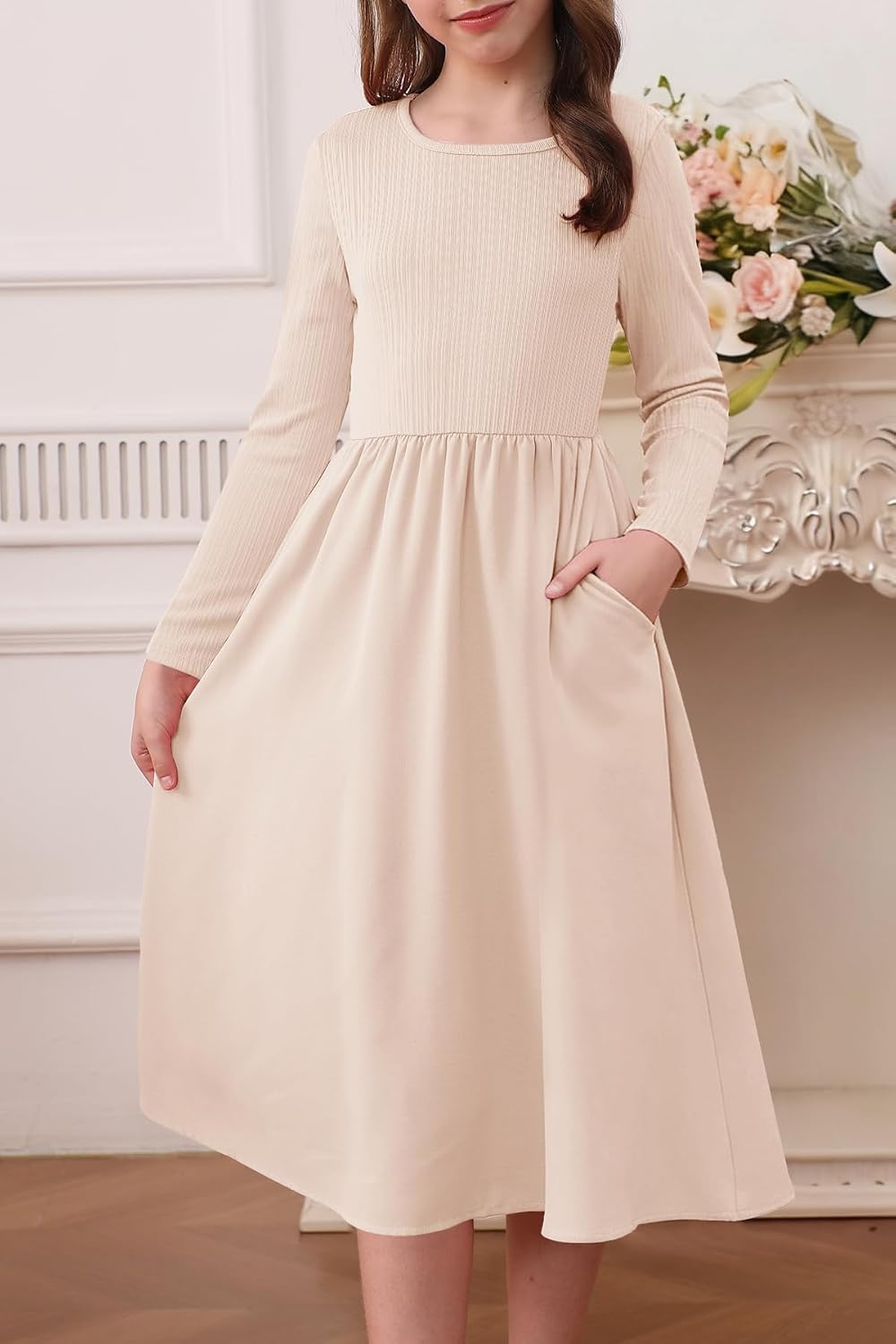 YOVION Girls Long Sleeve Dress Knit Patchwork A-Line Fall Winter Casual Midi Dresses with Pockets for 6-12 Y - Image 3
