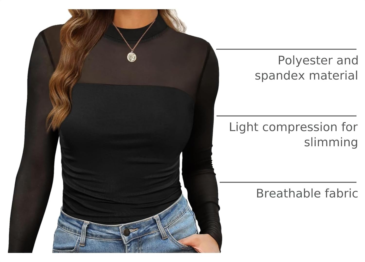 Womens Sexy Mesh Long Sleeve Shirts Fashion Clothing Turtle Necks Sheer Ruched Going Out Tops Fall Outfits Slim Fit Blouses - Image 4