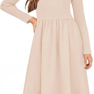 YOVION Girls Long Sleeve Dress Knit Patchwork A-Line Fall Winter Casual Midi Dresses with Pockets for 6-12 Y