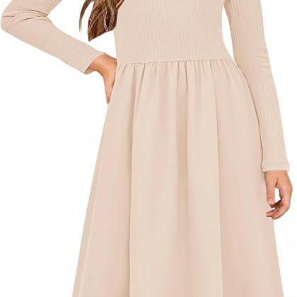 YOVION Girls Long Sleeve Dress Knit Patchwork A-Line Fall Winter Casual Midi Dresses with Pockets for 6-12 Y