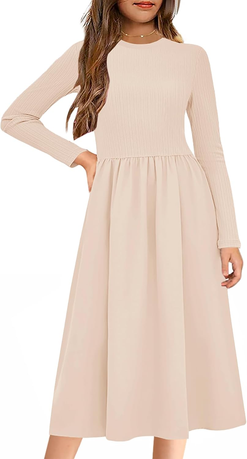 YOVION Girls Long Sleeve Dress Knit Patchwork A-Line Fall Winter Casual Midi Dresses with Pockets for 6-12 Y