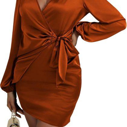 LYANER Women’s Satin Silky Wrap V Neck Tie Waist Long Sleeve Mini Short Dress