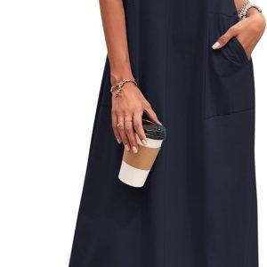 MOLERANI Women's Summer Long Midi Casual Loose Dress Short Sleeve Sundress | Crewneck,Functional Button Front,Roomy Pockets,Solid or Floral;XS–3XL fit Petite,Regular,Plus Sizes,Daily Beach Vacation Wear
