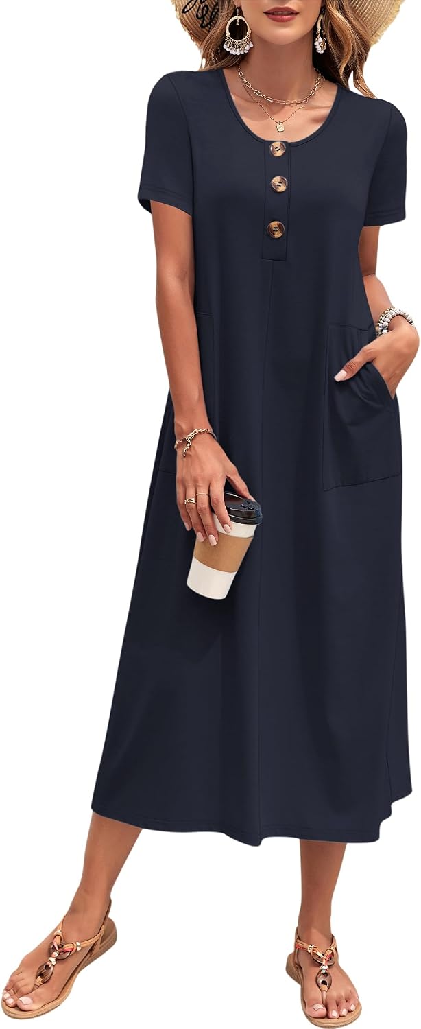 MOLERANI Women's Summer Long Midi Casual Loose Dress Short Sleeve Sundress | Crewneck,Functional Button Front,Roomy Pockets,Solid or Floral;XS–3XL fit Petite,Regular,Plus Sizes,Daily Beach Vacation Wear