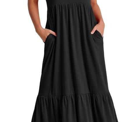 ANRABESS Womens 2026 Summer Casual Maxi Dress A line Tiered Flowy Short Sleeve Crewneck T Shirt Beach Travel Long Dresses