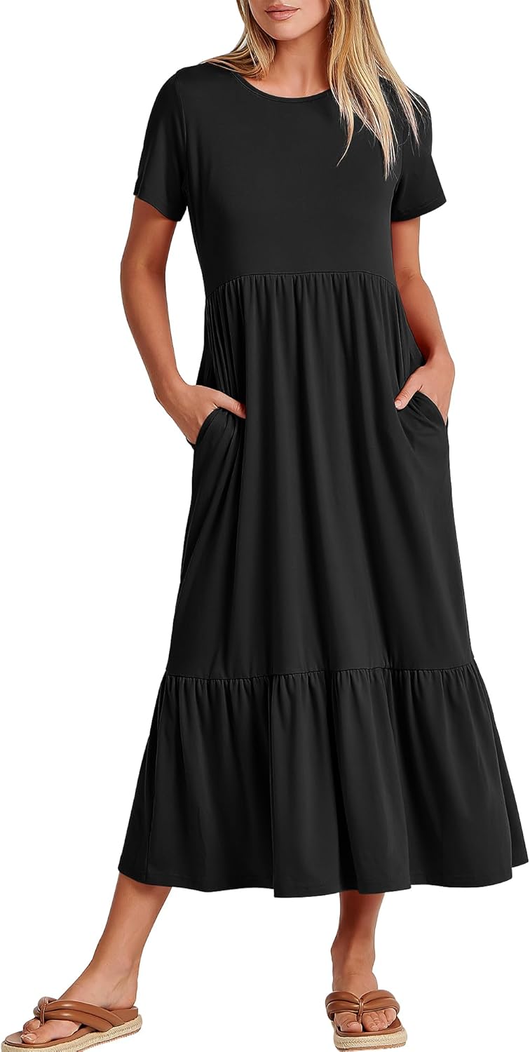 ANRABESS Womens 2026 Summer Casual Maxi Dress A line Tiered Flowy Short Sleeve Crewneck T Shirt Beach Travel Long Dresses