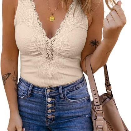 Womens Lace Patchwork Sexy Deep V Neck Knitted Vests Summer Camis Tank Tops