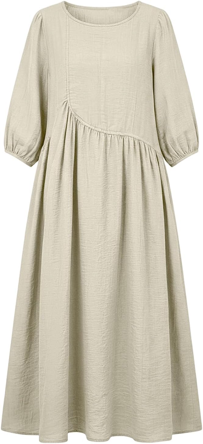 Women Crinkled Crewneck Midi Dress Empire Waist Vacation Dresses | Loose Flowy,Elastic Cuff Puff Sleeves,Breathable Textured Material,For Coastal Travel,Weekend Errands and Boho Daily Look - Image 4