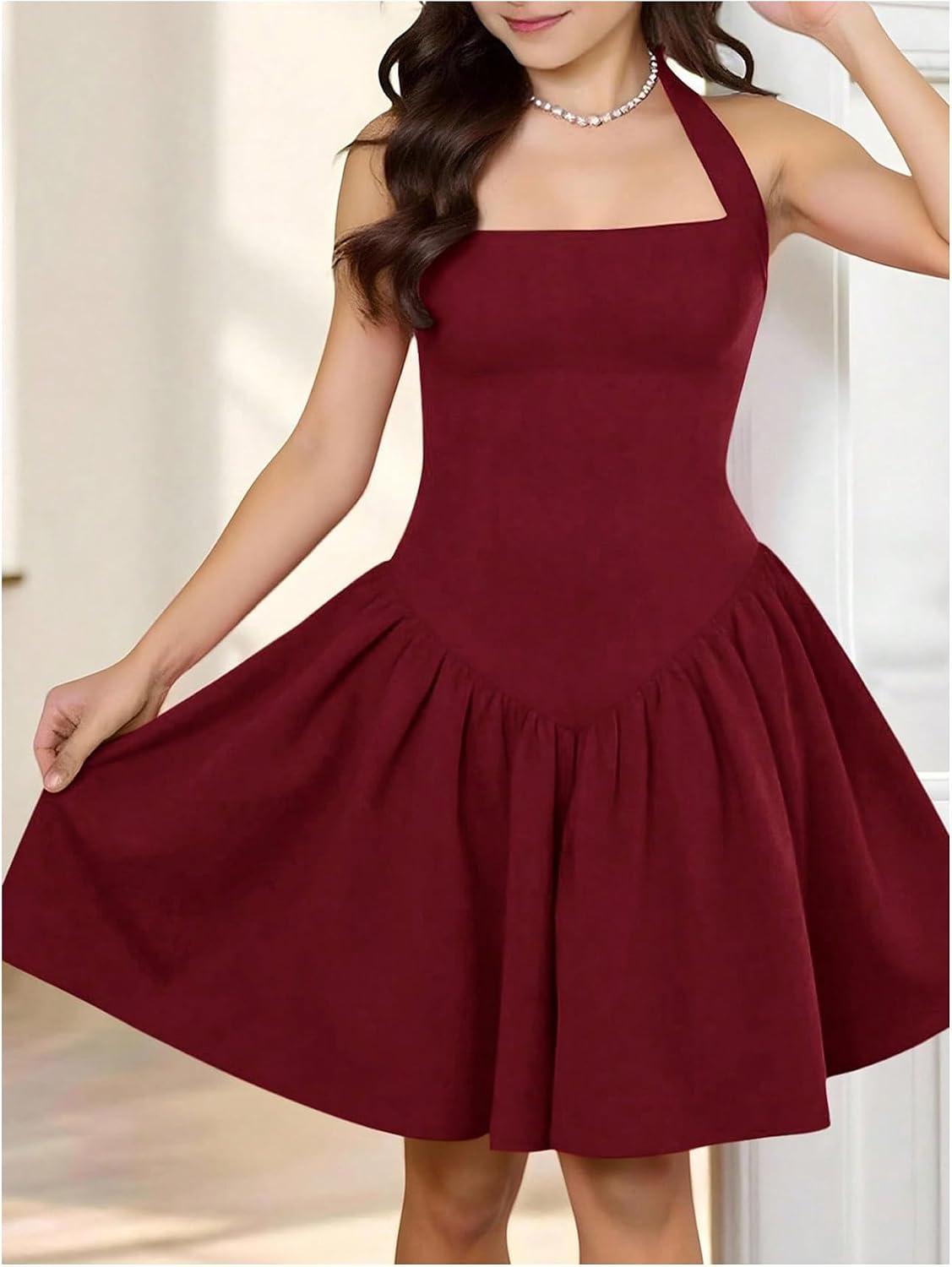 OYOANGLE Girl's Summer Halter Ruffle Mini Dress Holiday Party Sundress | Girl's A Line Graduation Prom Dress 8-16 Years,Kawaii Short Summer Dress,Casual Teen Girl Sundress - Image 3