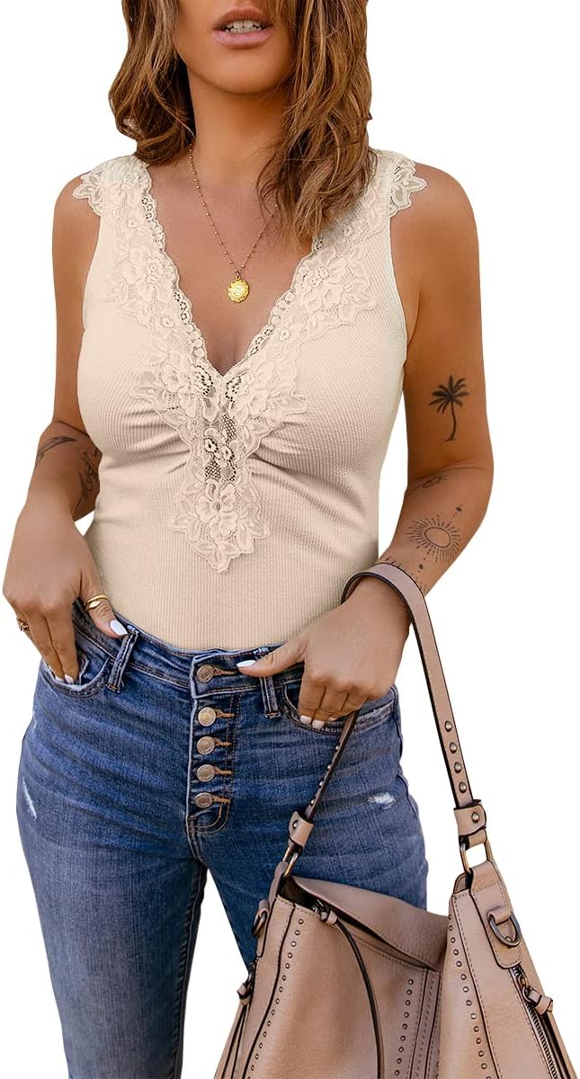 Womens Lace Patchwork Sexy Deep V Neck Knitted Vests Summer Camis Tank Tops - Image 2
