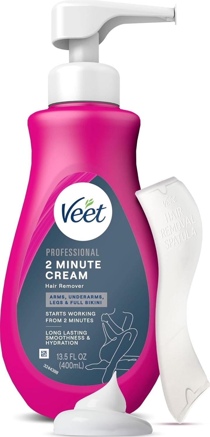 VEET Professional 2 Minute Cream for All Skin Types with Shea Butter, Effective Full Bikini & Pubic Hair Removal, Dermatologically Tested, 13.5 FL OZ Bottle w/Spatula