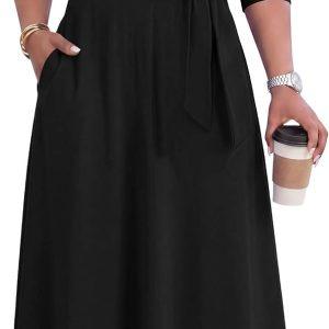FANDEE Maxi Long Dress Women, Church A Line Casual Empire Waist Dresses | Tea party date funeral work dress, flowy 3/4 sleeve round neck with pockets, m-3xl, breathable fabric