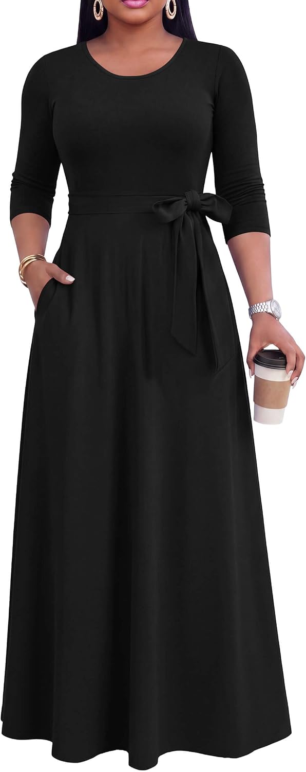 FANDEE Maxi Long Dress Women, Church A Line Casual Empire Waist Dresses | Tea party date funeral work dress, flowy 3/4 sleeve round neck with pockets, m-3xl, breathable fabric