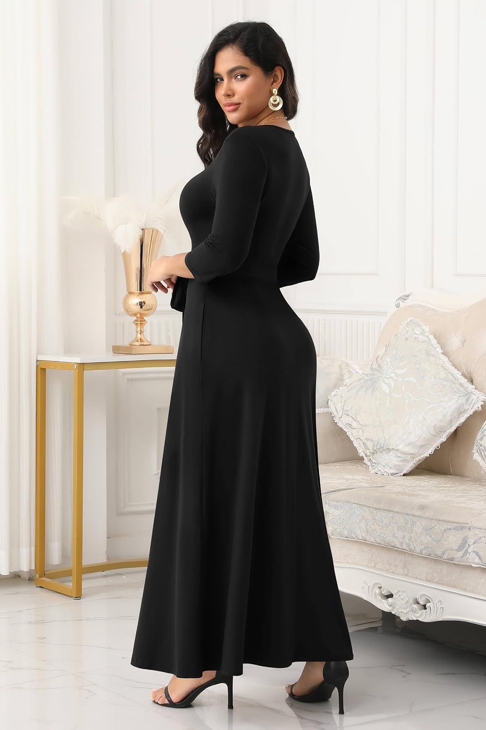 FANDEE Maxi Long Dress Women, Church A Line Casual Empire Waist Dresses | Tea party date funeral work dress, flowy 3/4 sleeve round neck with pockets, m-3xl, breathable fabric - Image 5