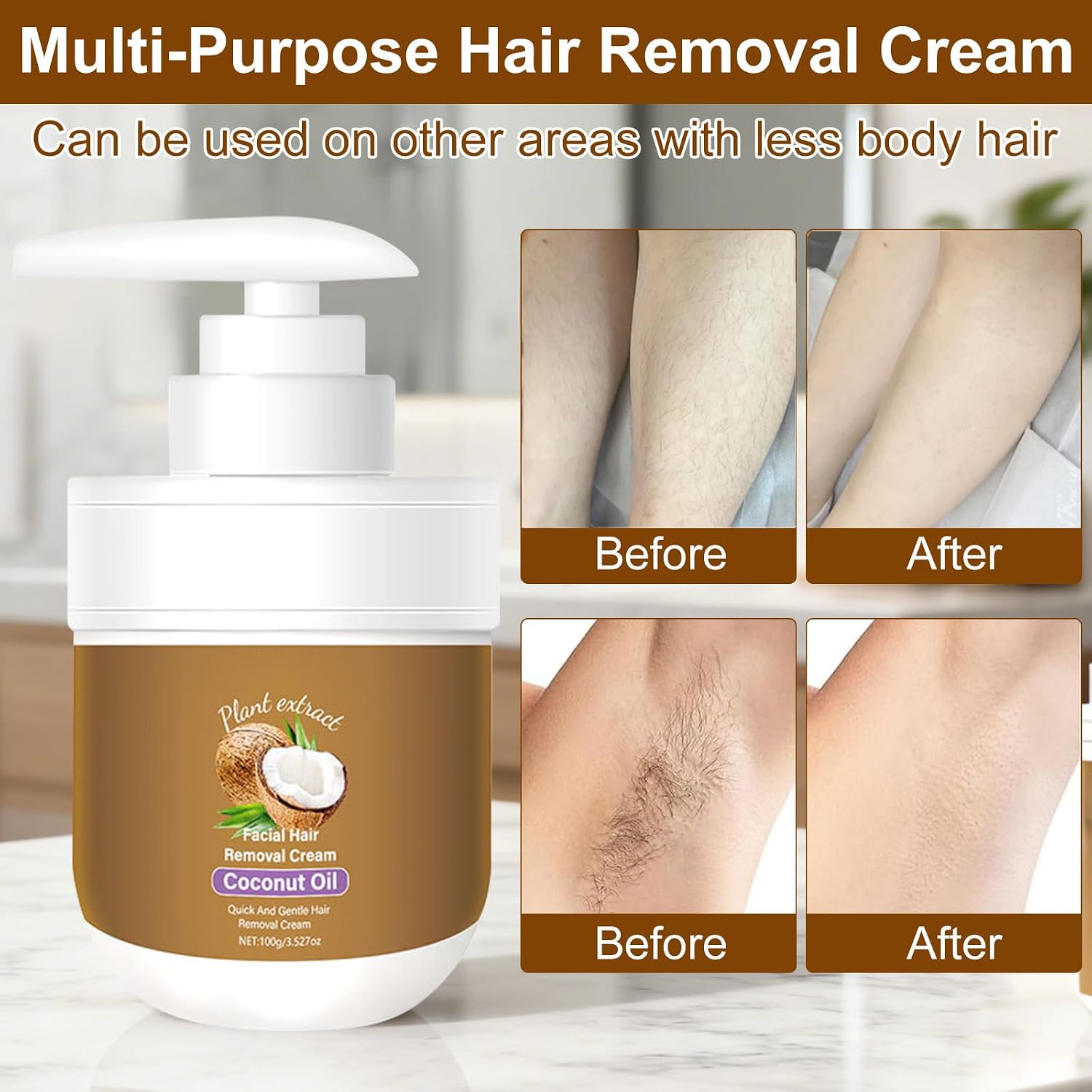 Coconut Oil Facial Hair Removal Cream for Women - Removes Hair From Chin, Upper Lip, Plant Extract, Mild and Non-Irritating (3.52oz) - Image 5