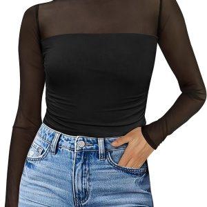 Womens Sexy Mesh Long Sleeve Shirts Fashion Clothing Turtle Necks Sheer Ruched Going Out Tops Fall Outfits Slim Fit Blouses