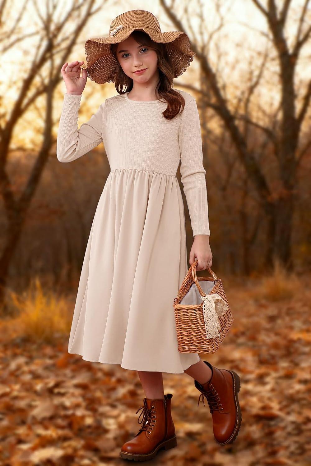 YOVION Girls Long Sleeve Dress Knit Patchwork A-Line Fall Winter Casual Midi Dresses with Pockets for 6-12 Y - Image 5