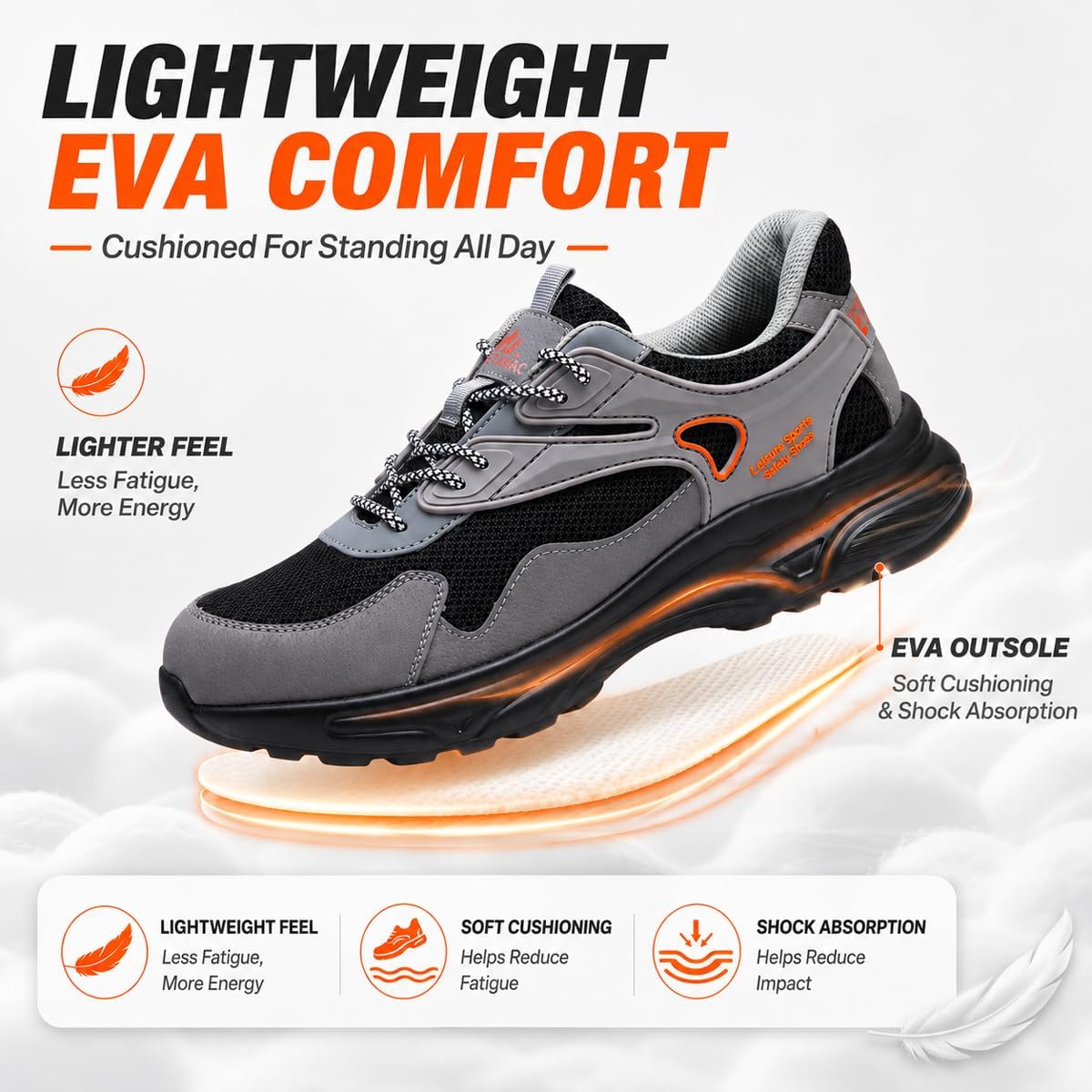 Steel Toe Shoes for Men,Lightweight Industrial Work Safety Sneaker | Comfort Cushioning EVA Sole,Durable for Warehouse Work, Breathable Puncture Resistant Tennis Footwear for All-Day Standing - Image 4