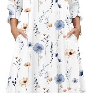 Zeagoo Summer Dresses for Women 2026 3/4 Sleeve Dress for Women Floral Midi Dresses for Casual Womens Dresses with Pockets