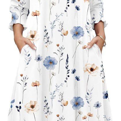 Zeagoo Summer Dresses for Women 2026 3/4 Sleeve Dress for Women Floral Midi Dresses for Casual Womens Dresses with Pockets