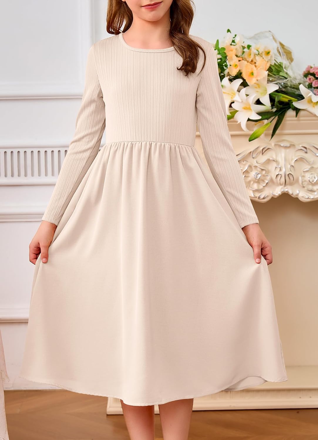YOVION Girls Long Sleeve Dress Knit Patchwork A-Line Fall Winter Casual Midi Dresses with Pockets for 6-12 Y - Image 2