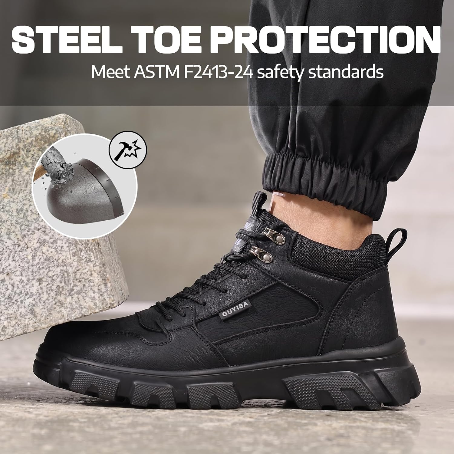Light Steel Toe Boots for Men Comfortable Work Boots for Warehouse | Lightweight Safety Boots with Puncture Resistant Midsole, Protective Work Boots for Warehouse Factory Black - Image 2