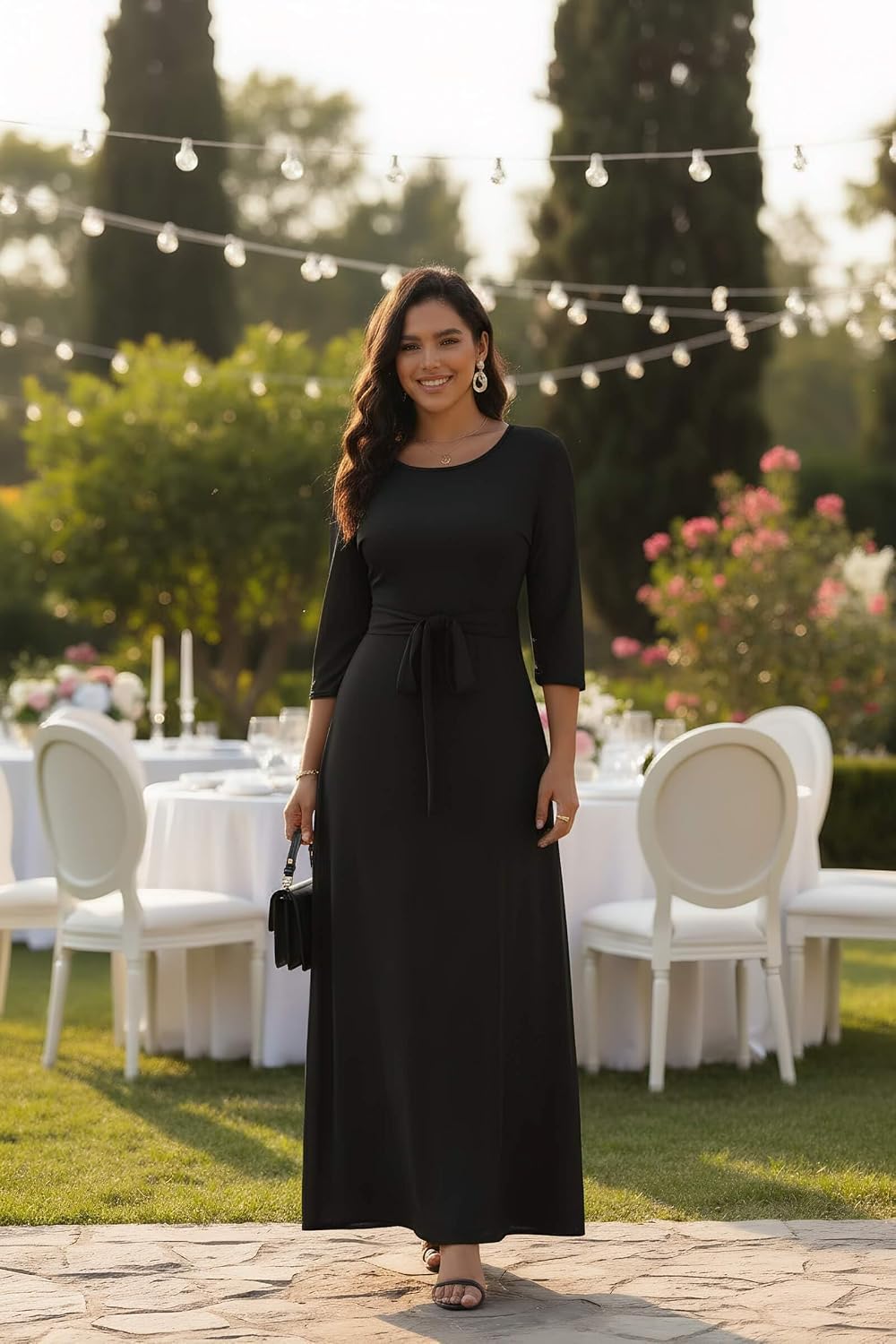 FANDEE Maxi Long Dress Women, Church A Line Casual Empire Waist Dresses | Tea party date funeral work dress, flowy 3/4 sleeve round neck with pockets, m-3xl, breathable fabric - Image 2