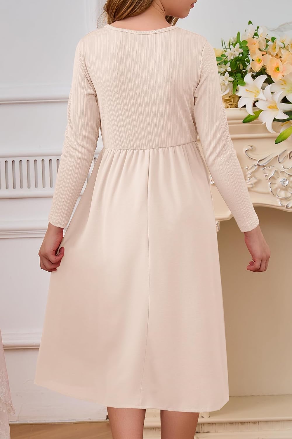 YOVION Girls Long Sleeve Dress Knit Patchwork A-Line Fall Winter Casual Midi Dresses with Pockets for 6-12 Y - Image 4
