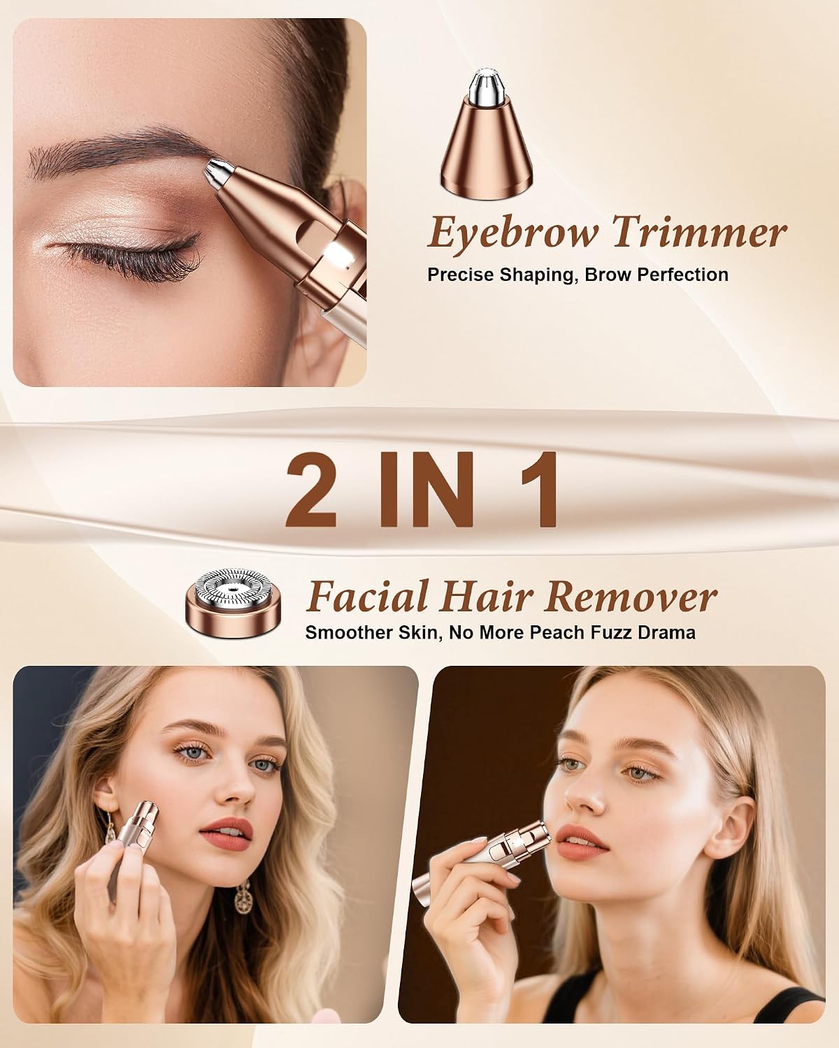 Eyebrow Trimmer Facial Hair Removal for Women: 2 in 1 Rechargeable Face Shaver and Eyebrow Razor - Painless Electric Hair Remover Device for Peach Fuzz Fine Hairs Upper Lip Chin - Image 2