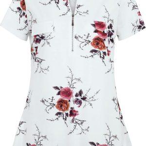 Women's Summer Tops Short Sleeve Casual Blouse Zip Floral Tunic Shirts