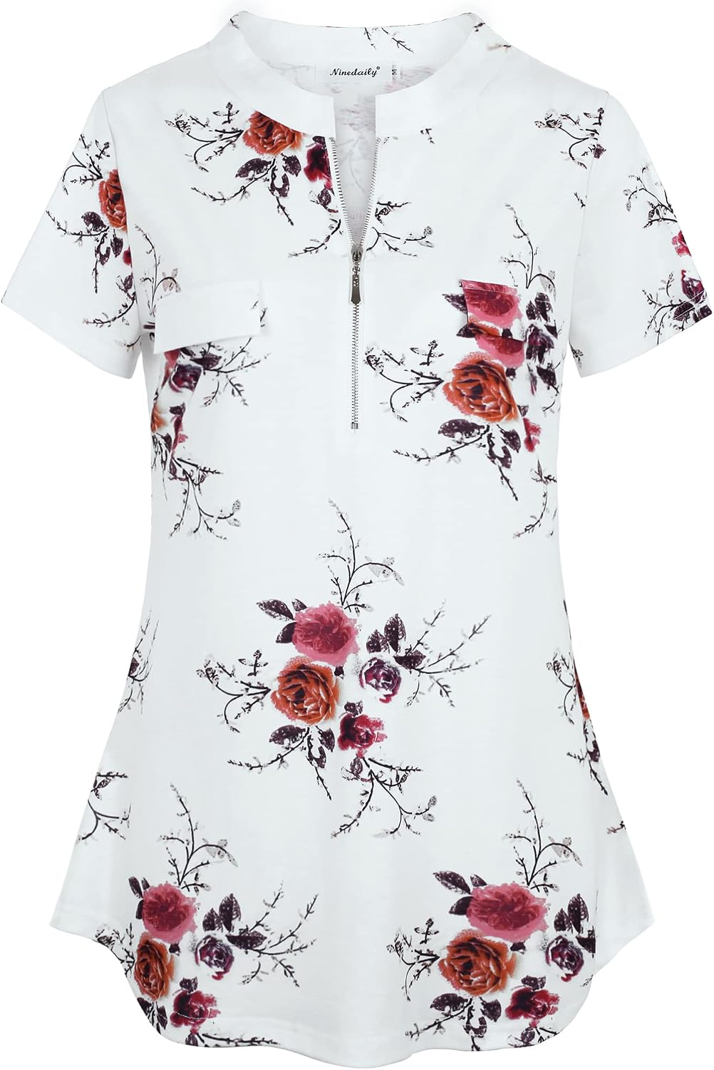 Women's Summer Tops Short Sleeve Casual Blouse Zip Floral Tunic Shirts