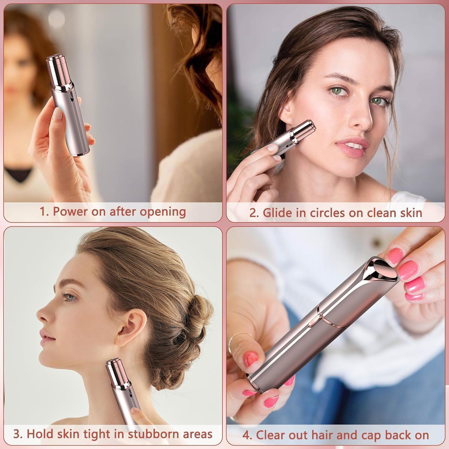 Rechargeable Facial Hair Removal for Women - as Seen on TV Painless Face Shaver - Electric Hair Remover for Face Lips Peach Fuzz with Light (Rose Gold) - Image 4