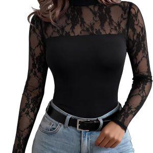 Zeagoo Long Sleeve Shirts for Women's Lace Tops Mesh Sheer Sexy Fall Blouse