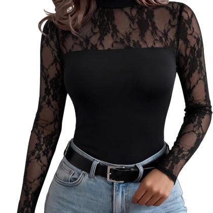 Zeagoo Long Sleeve Shirts for Women’s Lace Tops Mesh Sheer Sexy Fall Blouse