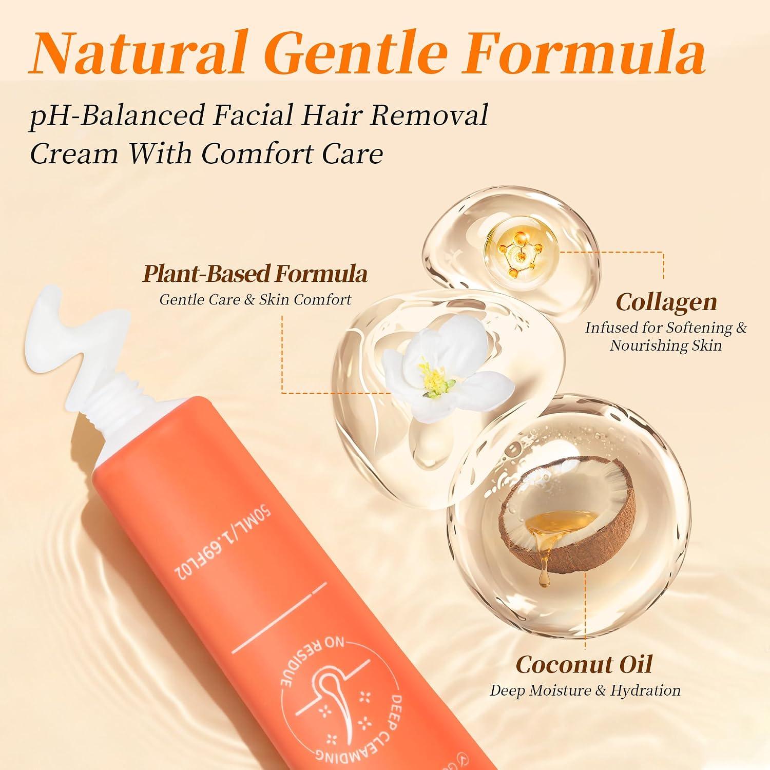 Facial Hair Removal Cream For Women, Gentle Face Hair Removal Cream For Sensitive Skin, Natural Depilatory Cream For Face Chin Peach Fuzz Upper Lip Hair, Flawless Facial Hair Remover, 1.69 Fl Oz - Image 6