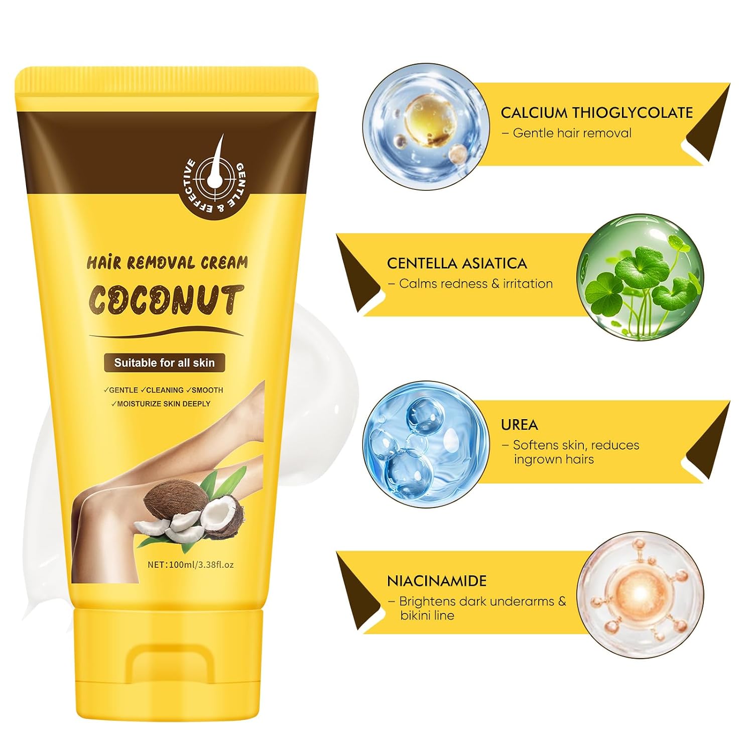 Hair Removal Cream for Sensitive Skin – Gentle Formula with Urea, Centella Asiatica, and Niacinamide; Reduces Ingrown Hairs and Irritation; Brightens Dark Underarms and Bikini Line 4 oz - Image 3