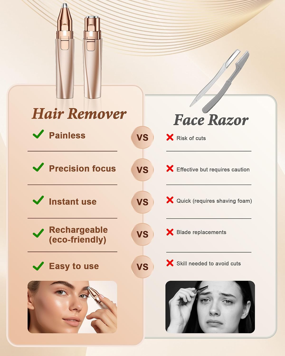 Eyebrow Trimmer Facial Hair Removal for Women: 2 in 1 Rechargeable Face Shaver and Eyebrow Razor - Painless Electric Hair Remover Device for Peach Fuzz Fine Hairs Upper Lip Chin - Image 3