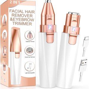 Eyebrow Trimmer Facial Hair Removal for Women: 2 in 1 Rechargeable Face Shaver with LED Light, Painless Electric Eyebrow Razor for Eyebrows, Upper Lip, Chin, Peach Fuzz & Fine Facial Hair